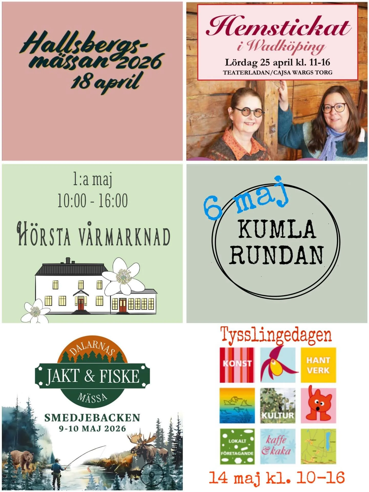 Kommande veckor kommer att bli allt annat &auml;n tr&aring;kiga😊 Jag kommer att delta p&aring; en rad olika event. Mer information kommer efterhand! Men ta g&auml;rna del av det som finns f&ouml;r att planera in en och annan v&aring;rutflykt 
🌿🌸🌿