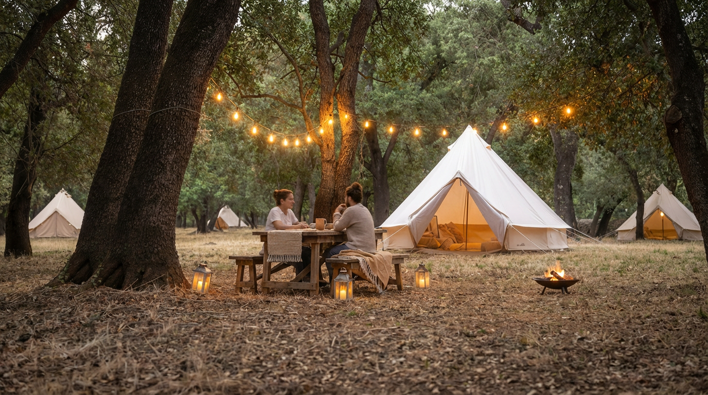 Pareja sentada en una mesa de madera en un campamento en un bosque, con tiendas de campaña blancas, luces colgantes y linternas, alrededor de fogata.