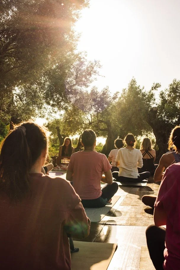 Grupo de personas practicando yoga al aire libre en un parque con árboles y luz solar cálida.