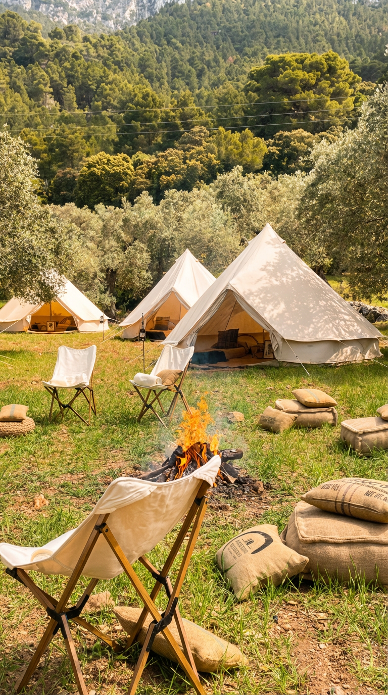 Campamento con tiendas de campaña blancas en un área rodeada de árboles y colinas verdes, con sillas, almohadas y una fogata en primer plano.