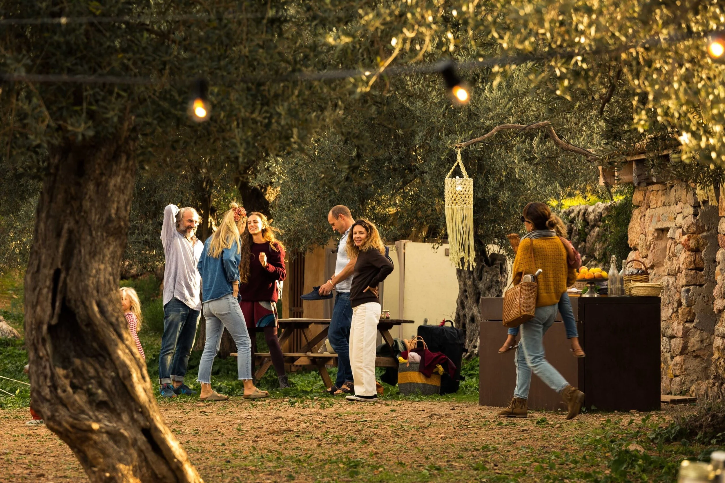 Grupo de personas disfrutando una reunión social en un ambiente al aire libre, rodeadas de árboles y decoraciones. Algunas personas están conversando, levantando las manos y sonriendo, mientras que otras parecen estar arreglando algo en una mesa o en el espacio. La escena está ambientada con luces decorativas y una especie de decoración colgada en un árbol.
