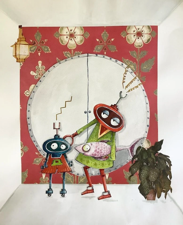 Big Robot scooped the fish up, took it to the top floor and let it swim out into space.