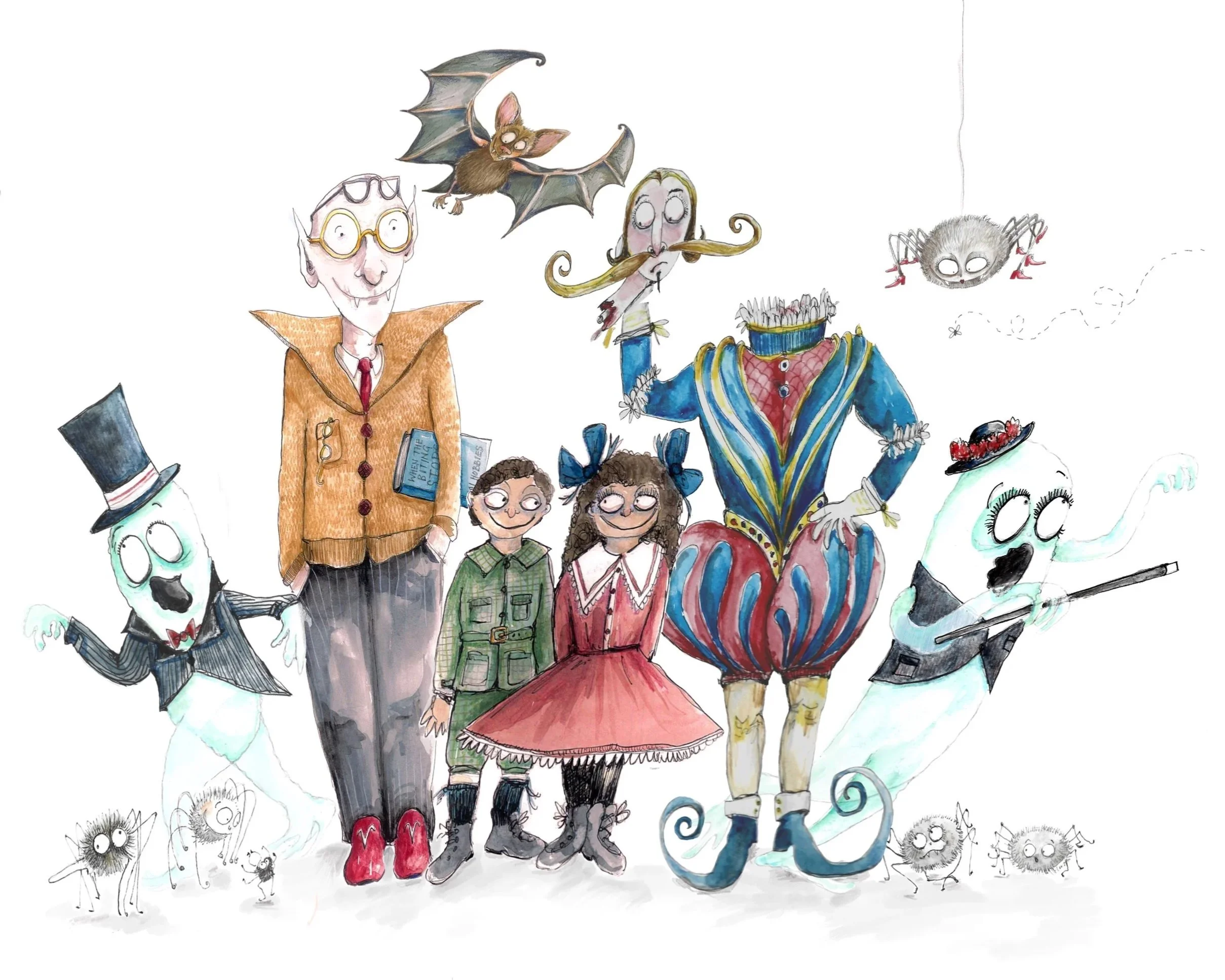 Francis the Headless, Edith the bossy bat,
Mrs. Gangleweaver and her children, showbiz ghosts Judy and Fred and The Count, a rather dotty retired vampire