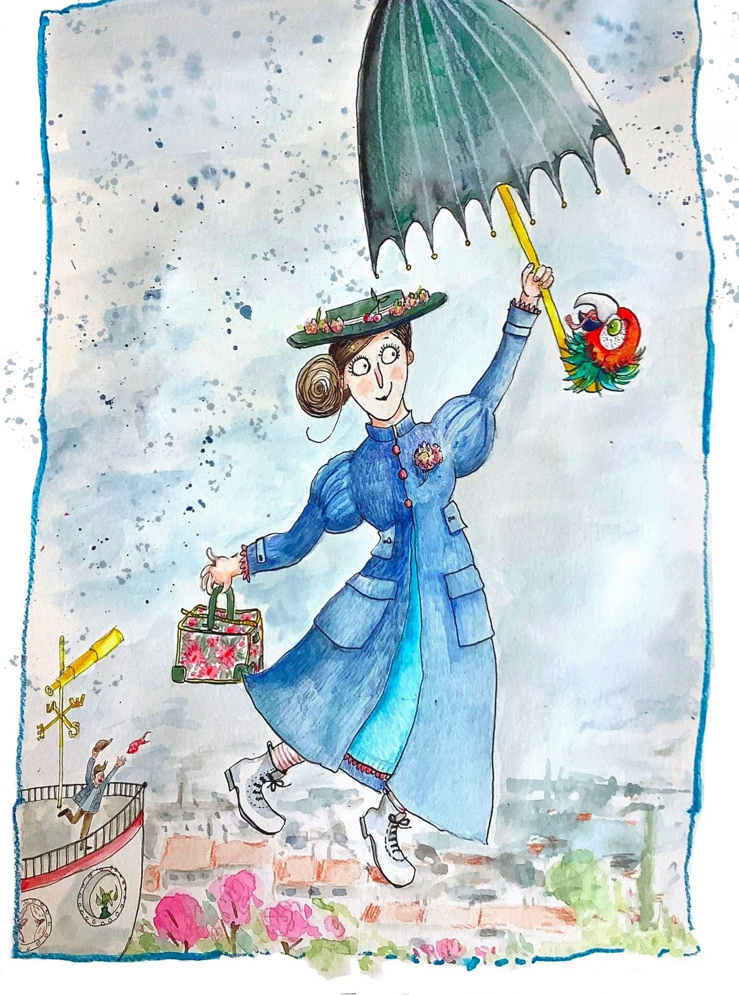 Mary Poppins was in the air now, floating away over the cherry trees and the roofs of the houses, holding tightly to the umbrella with one hand and to the carpet bag with the other.