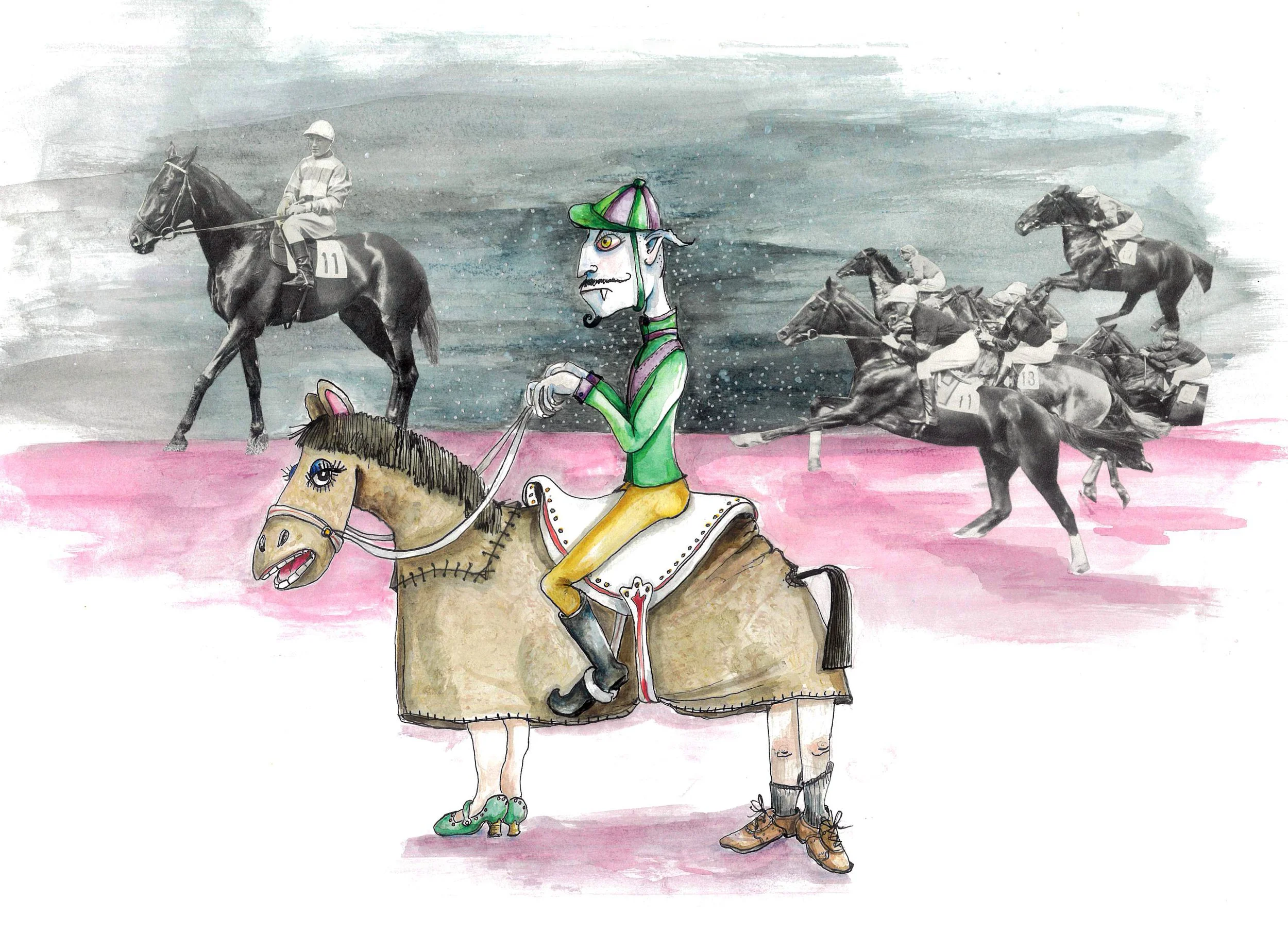 Vampire Jockey With Two Ever Faithful Familiars, collage from an old copy of The Racing Post.