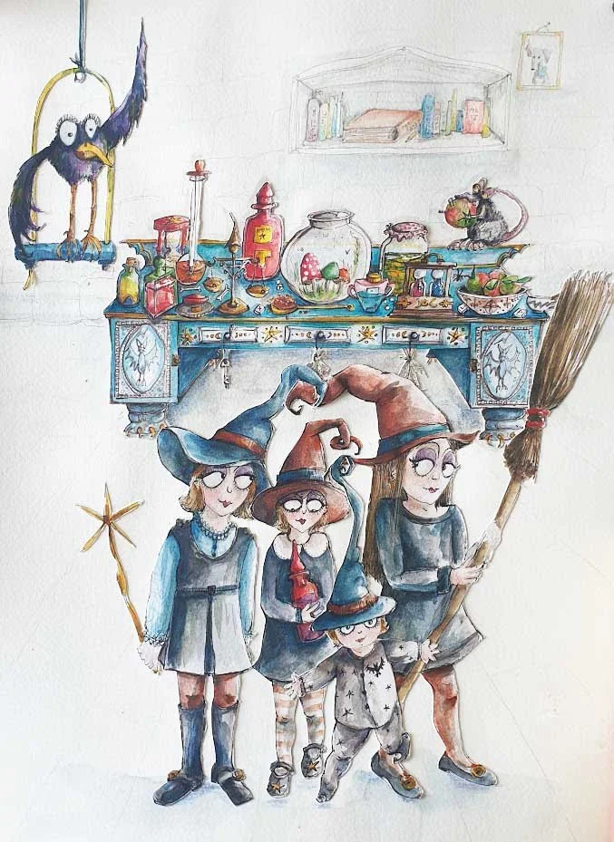 Apprentice witches, their apothecary table and a thieving rat.