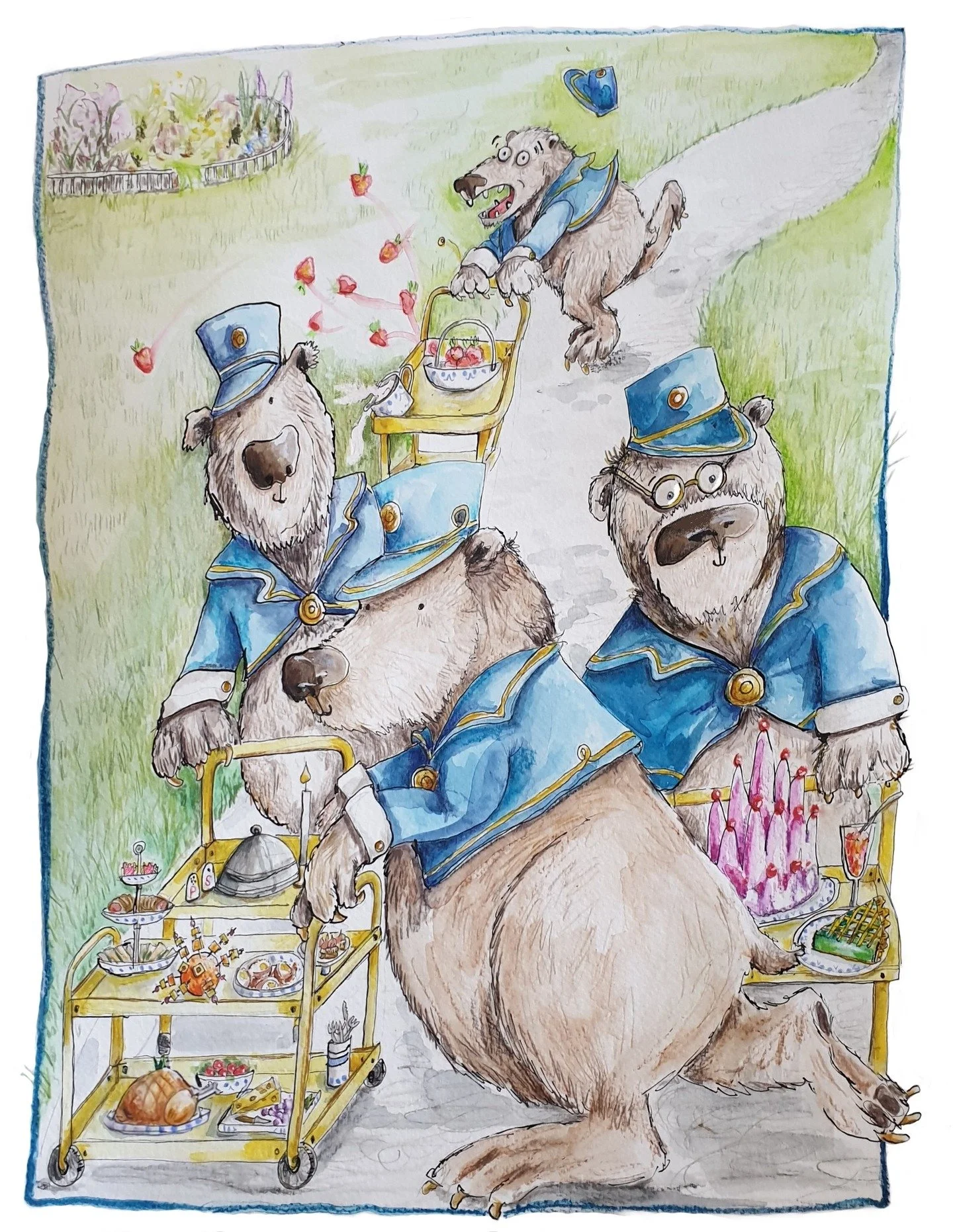 Four Brown Bears, each wearing a peaked cap and coats with brass buttons were trundling trolleys of food. - Mary Poppins