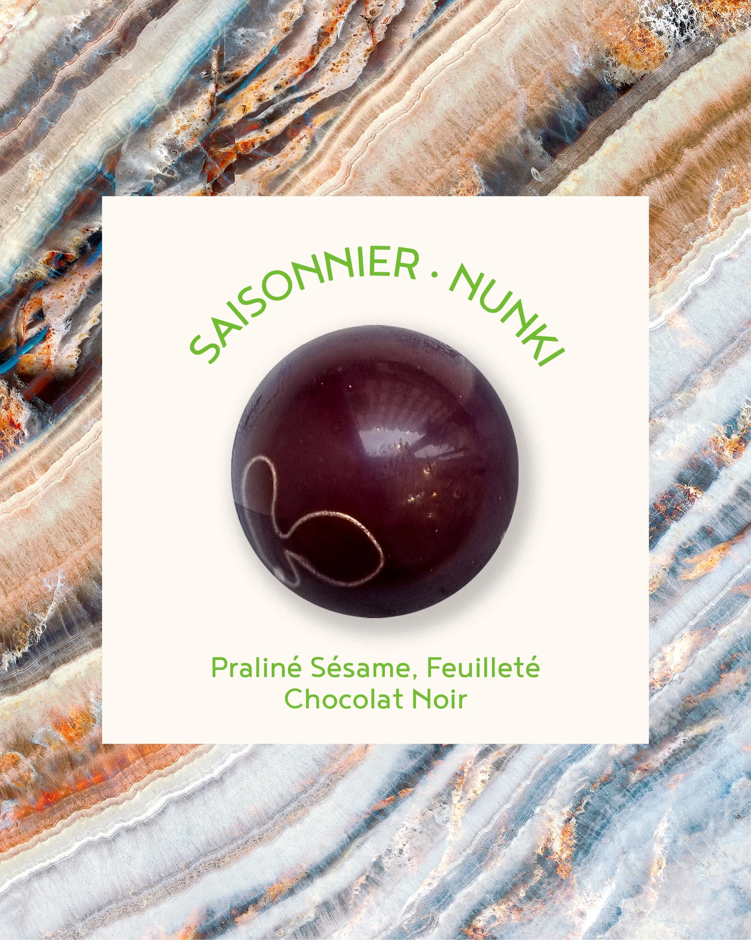 BONBON SAISONNIER - NUNKI
Pralin&eacute; S&eacute;same, Feuillet&eacute;
Chocolat Noir

#chocolaterie #chocolate #faitmain #cosmique #businessfamilial