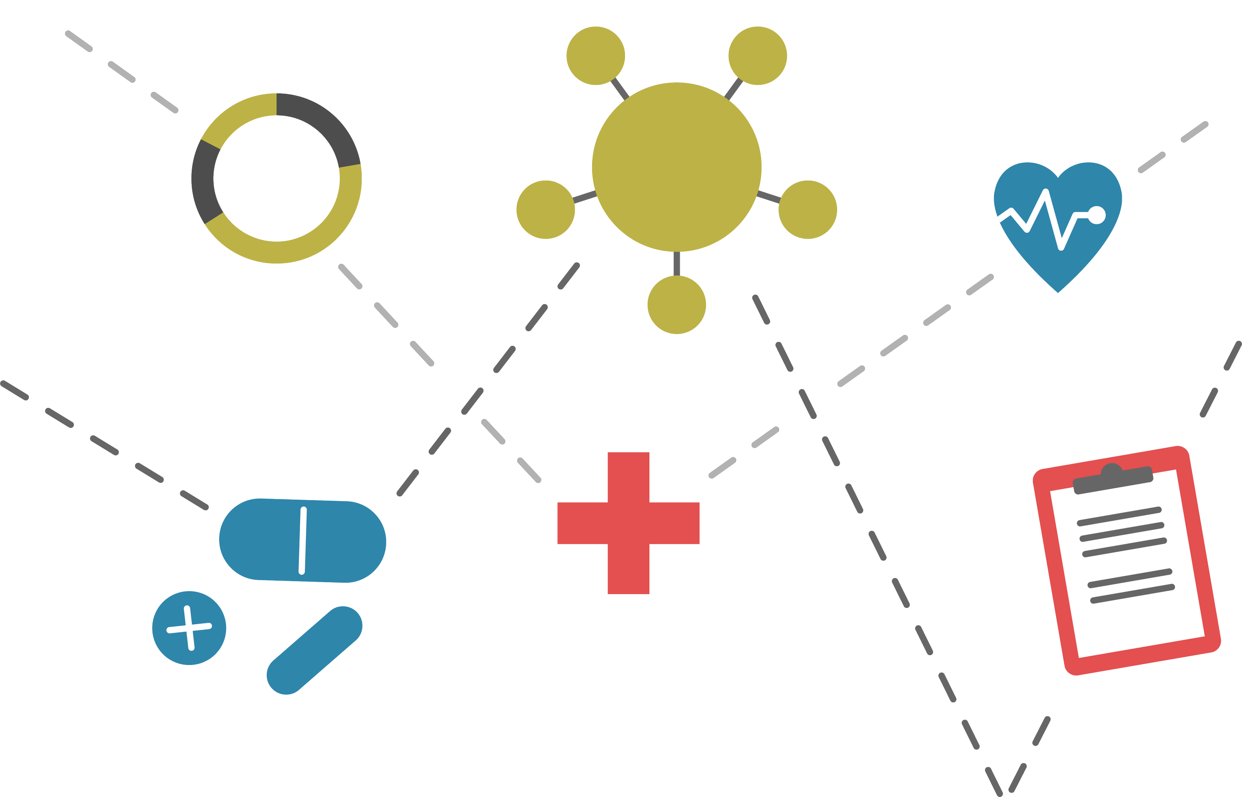 Medical infographic with icons representing healthcare, medicine, prescriptions, health monitoring, and medical records interconnected by dashed lines.