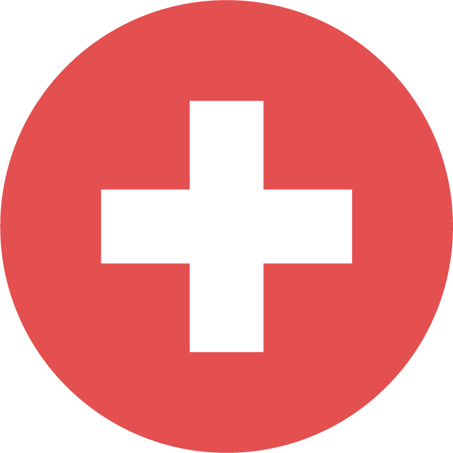 Red circular button with a white medical cross in the center.
