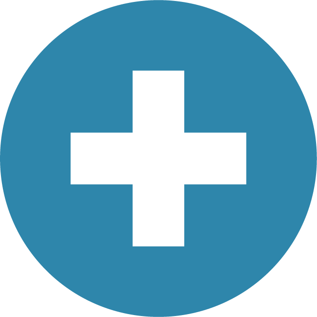 Blue circular icon with a white medical cross in the center.