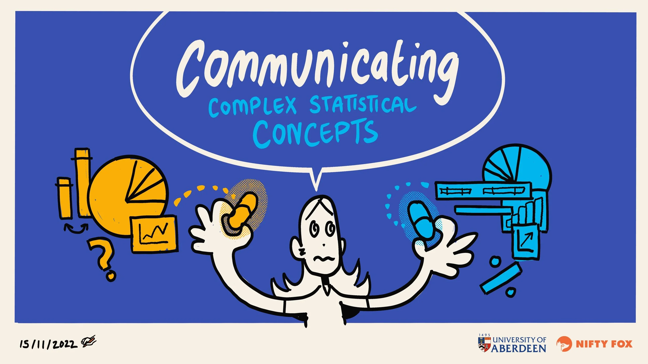 A cartoon illustration with a woman in the center holding a pill in each hand, with various graphs, charts, and question marks around her. The title reads "Communicating Complex Statistical Concepts" and the logos of the University of Aberdeen and Nifty Fox are at the bottom right corner.