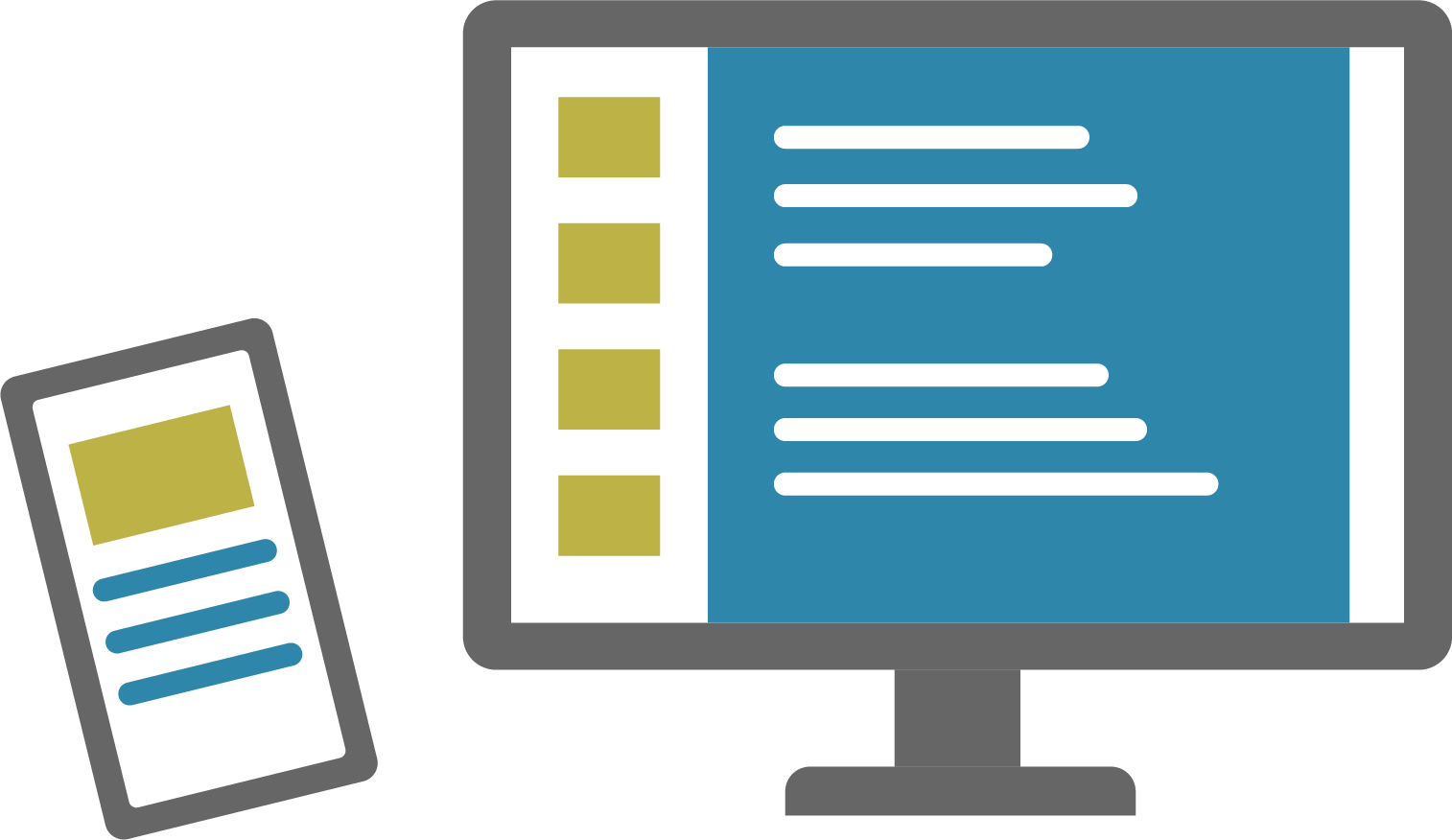 Illustration of a smartphone and a computer monitor displaying documents with highlighted text and bullet points, representing digital document viewing.