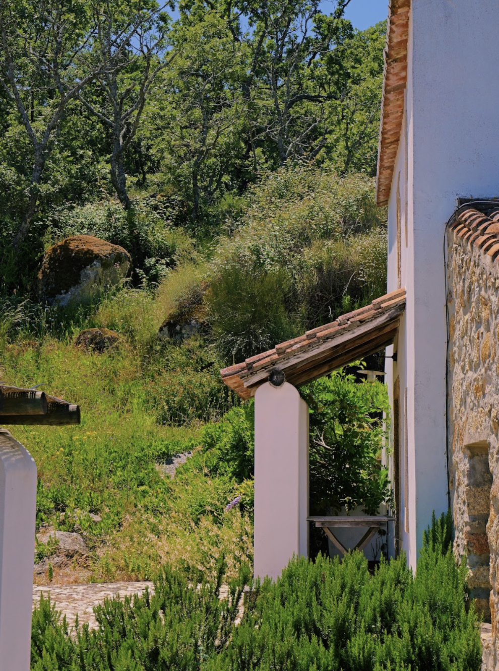 entrance with rocks and green land in the background
