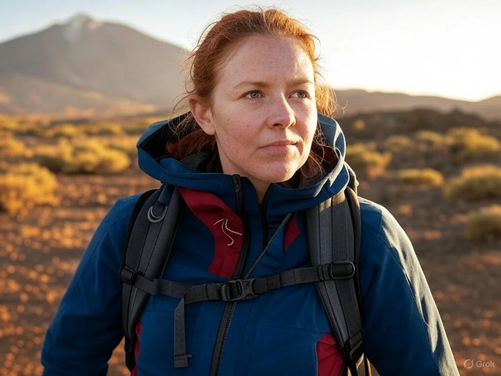 A woman with red hair and fair skin standing outdoors in a mountainous desert landscape during sunset, wearing a blue and red jacket and carrying a backpack.