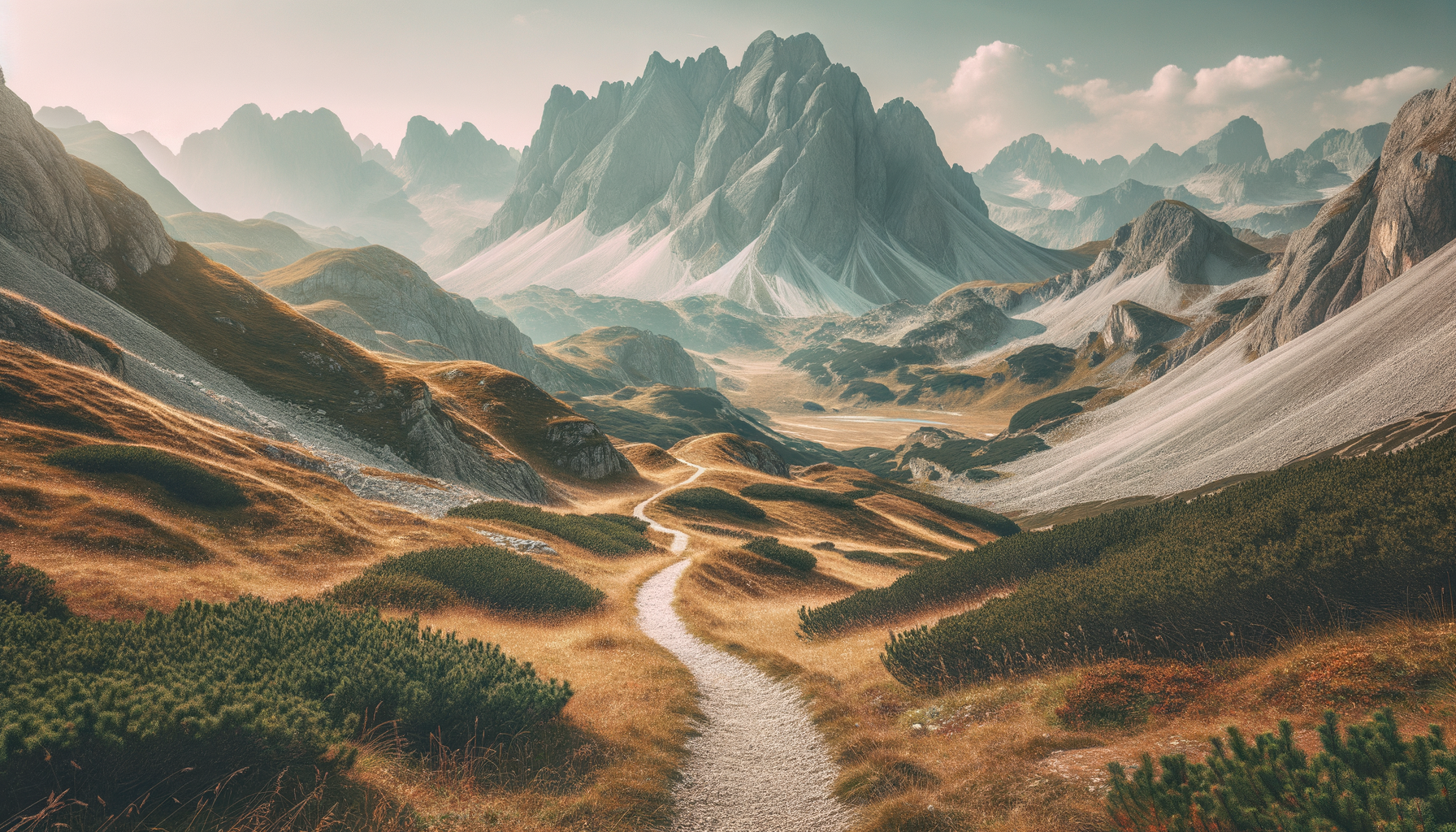 A scenic view of a mountain landscape with a winding dirt trail, green and brown grassy hills, and tall jagged mountains in the background under a partly cloudy sky.