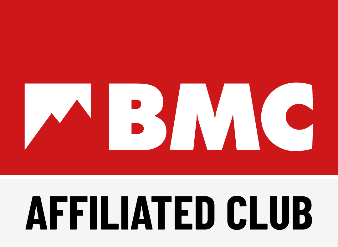 Logo for BMC Affiliated Club with a red background, white mountain peak graphic, and bold black text