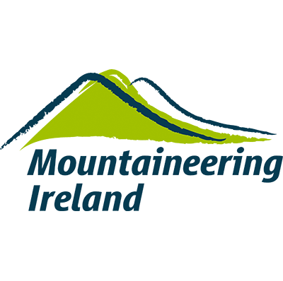 Logos of Mountaineering Ireland with stylized mountain peaks in green and black.