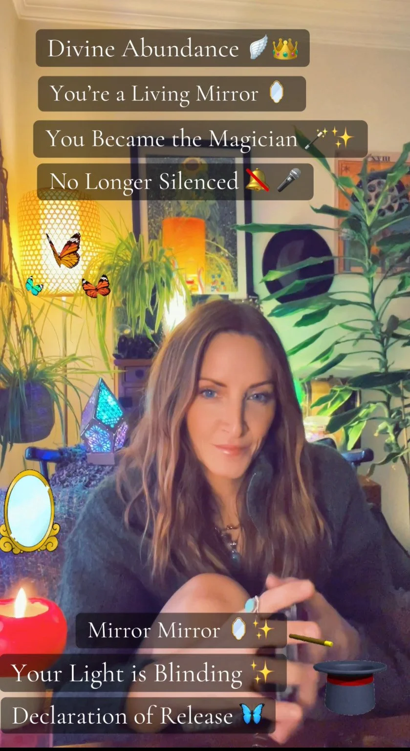 A woman with long wavy hair sitting in a room decorated with plants, colorful lights, and butterflies, looking at the camera. Overlaid on the image are text messages and emojis about abundance, self-awareness, and release.