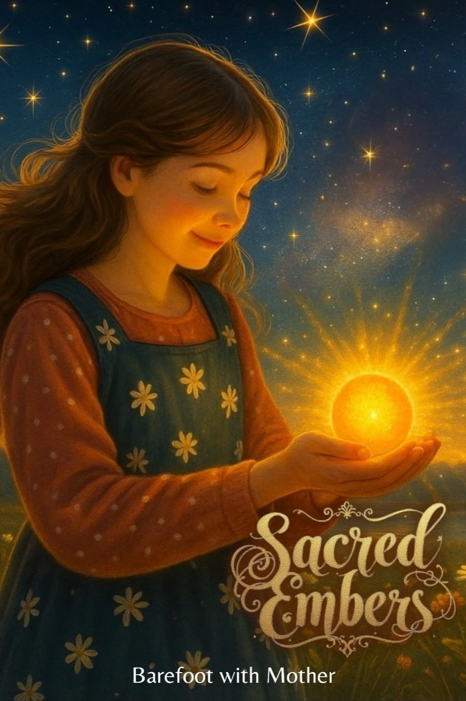 A young girl with long wavy hair, wearing a red long-sleeved shirt and a blue dress with yellow daisy patterns, holding a glowing orange orb in her hands against a starry background. The words 'Sacred Embers' and 'Barefoot with Mother' are written at the bottom.