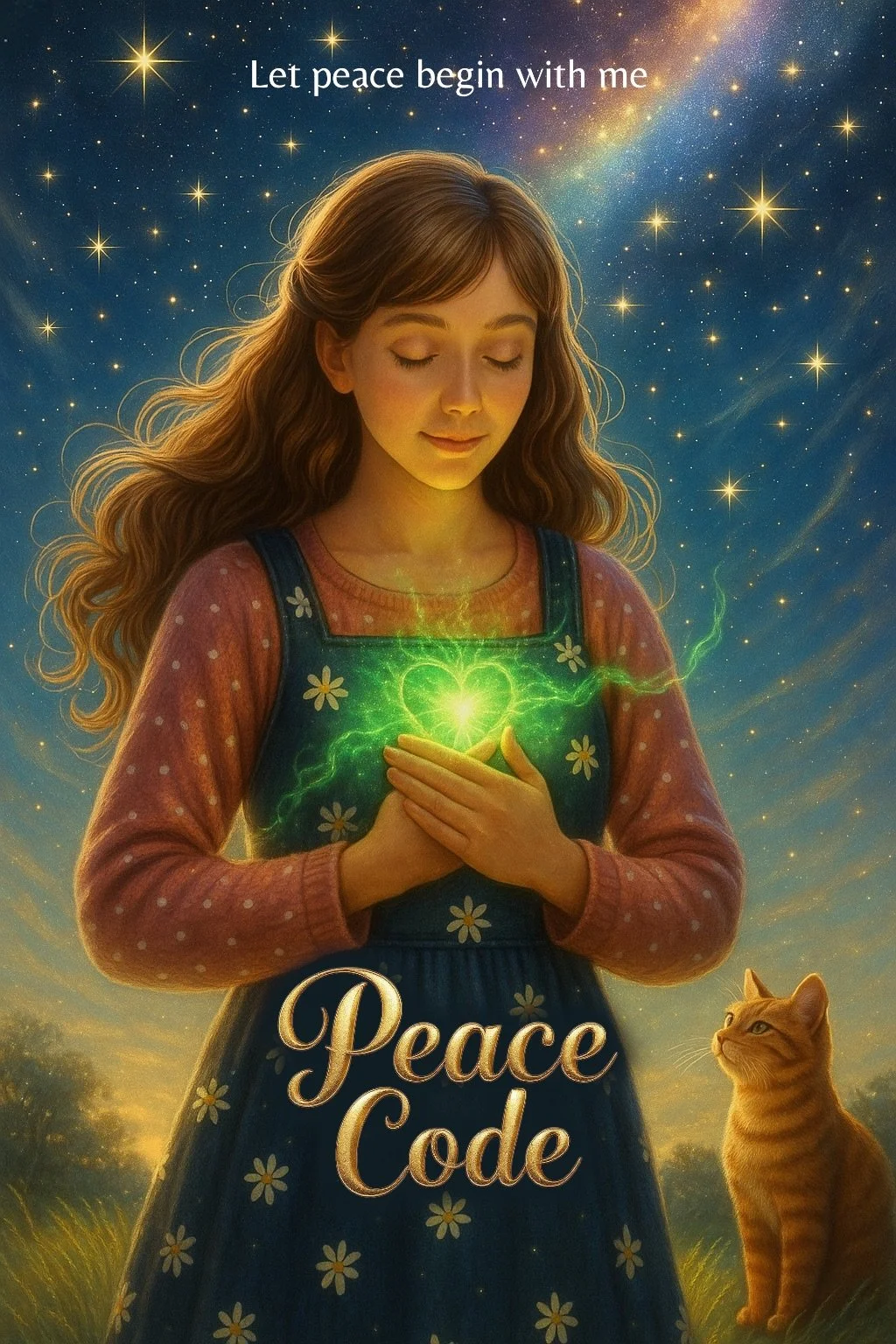 A young woman with long brown hair wearing a pink sweater and a blue dress with daisies, is holding her hands over her chest as a glowing green heart-shaped energy emanates from her hands. The background features a starry night sky with a rainbow and