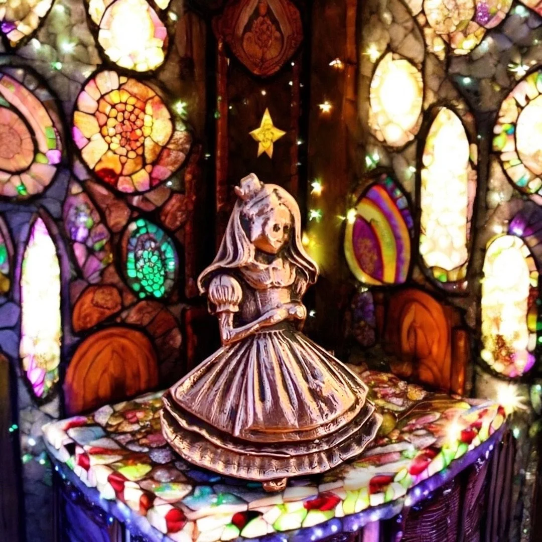A decorative scene featuring a metallic sculpture of a girl in a princess dress, set against a colorful stained glass backdrop with a star and string lights.