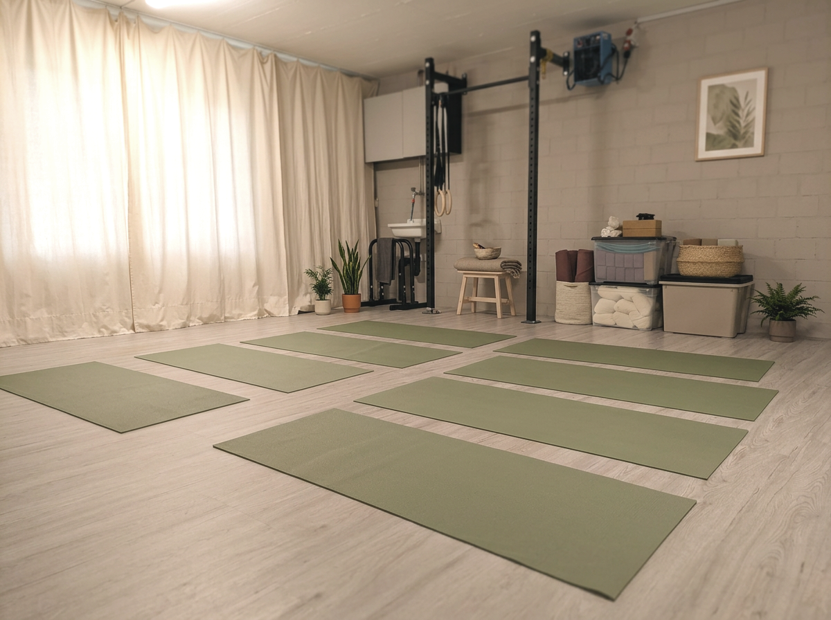 ein Yoga- oder Pilatesraum mit acht grünen Matten auf einem hellen Holzboden, im Hintergrund ein Wandregal, Pflanzen, Boxen mit Handtüchern und Zubehör, weiße Vorhänge an der Seite.