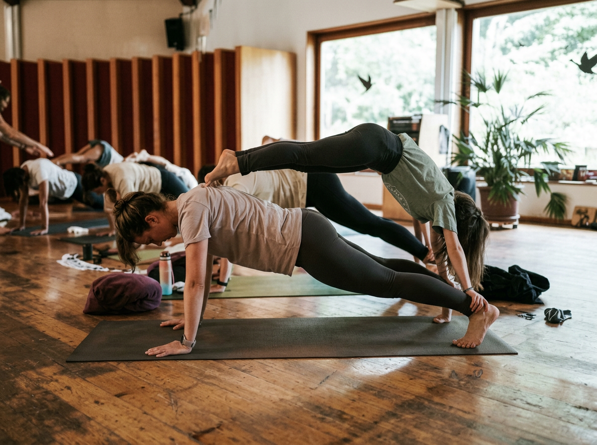 Menschen beim Yoga, im Handstand, in einer Yoga-Stunde in einem Raum mit Holzfußboden und großen Fenstern