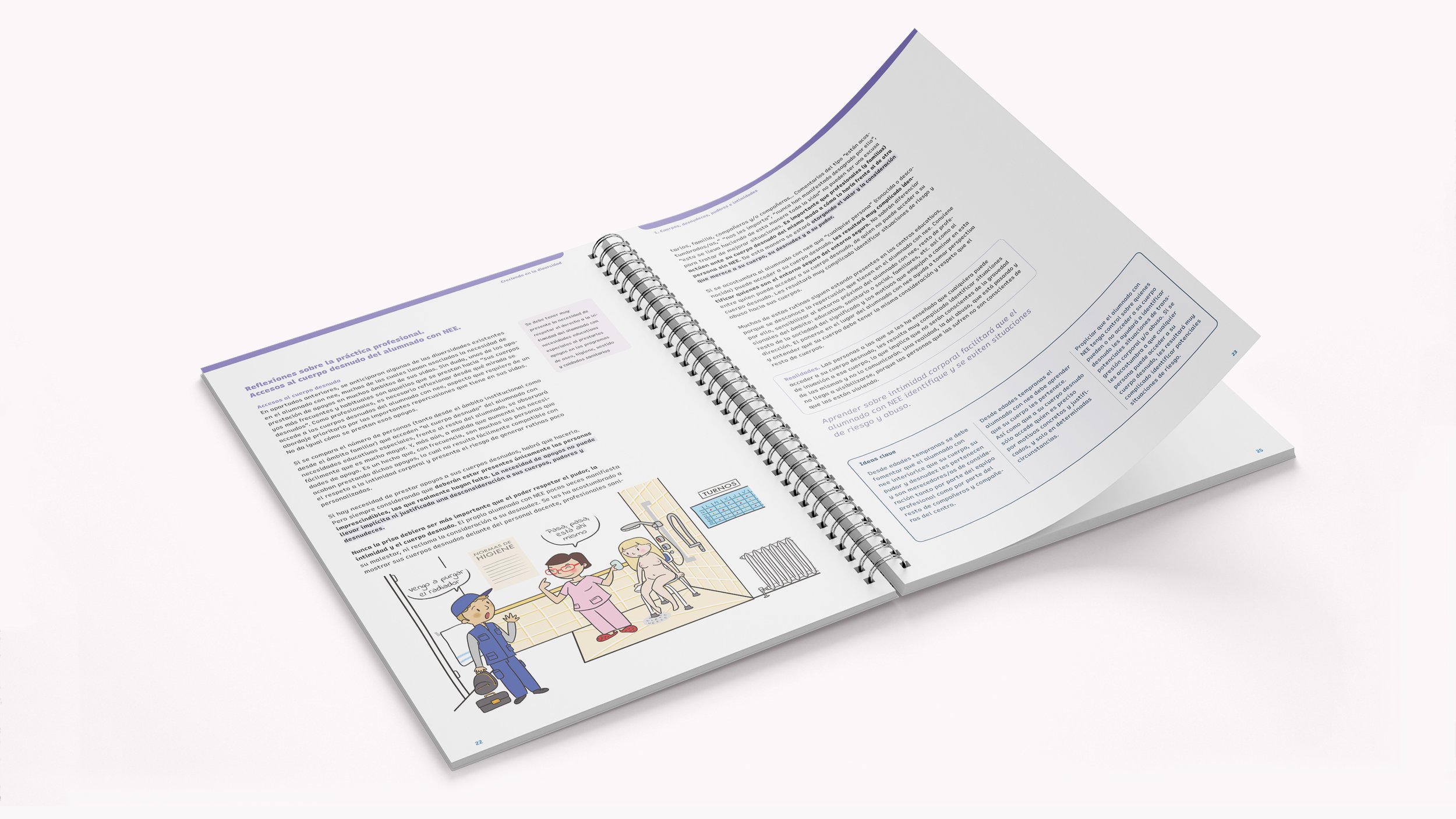 Guía del profesorado abierta mostrando una doble página con explicaciones para el profesor. En las páginas se ven ilustraciones y textos auxiliares en los márgenes.