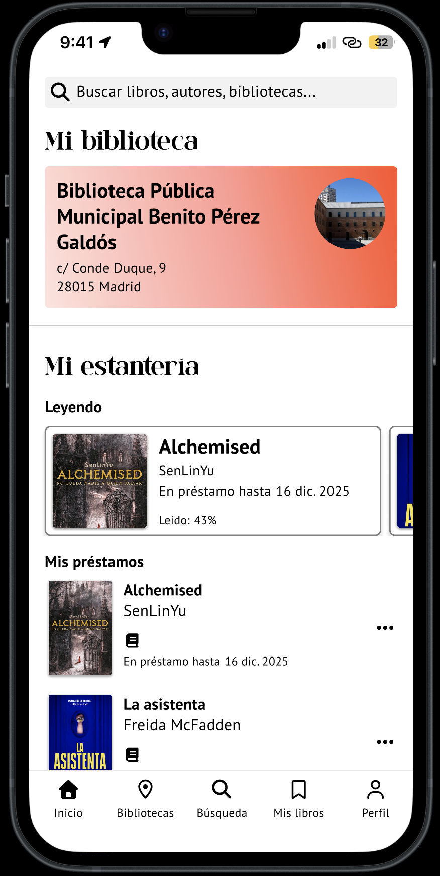 Pantalla de inicio de Libris donde se ve la ficha de la biblioteca y una lista de los libros prestados para el lector.