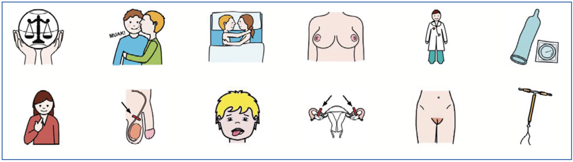 Recopilación de pictogramas del ARASAAC que muestran distintas partes del cuerpo humano y objetos relacionados con la salud sexual y reproductiva.