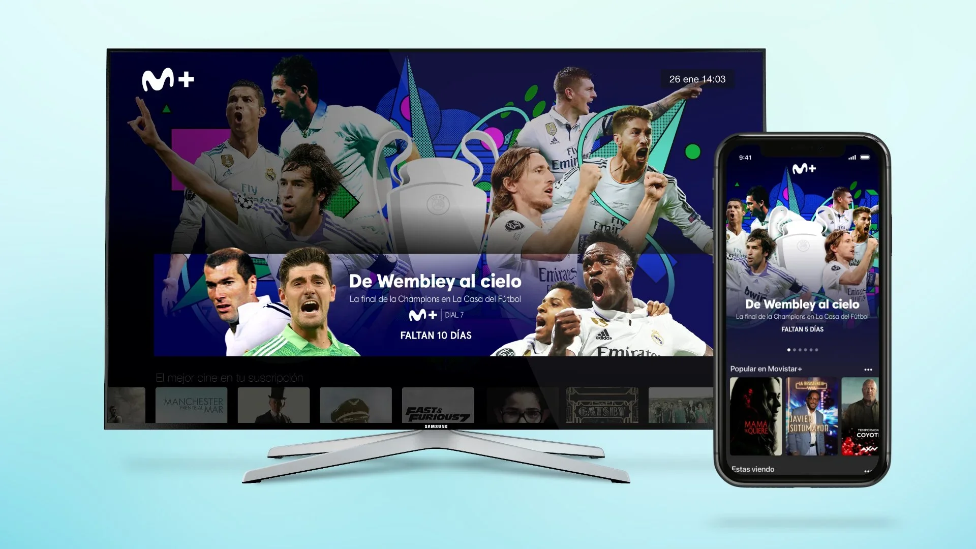 Imagen publicitaria del final de la Champions League mostrada en un televisor y en un teléfono móvil.