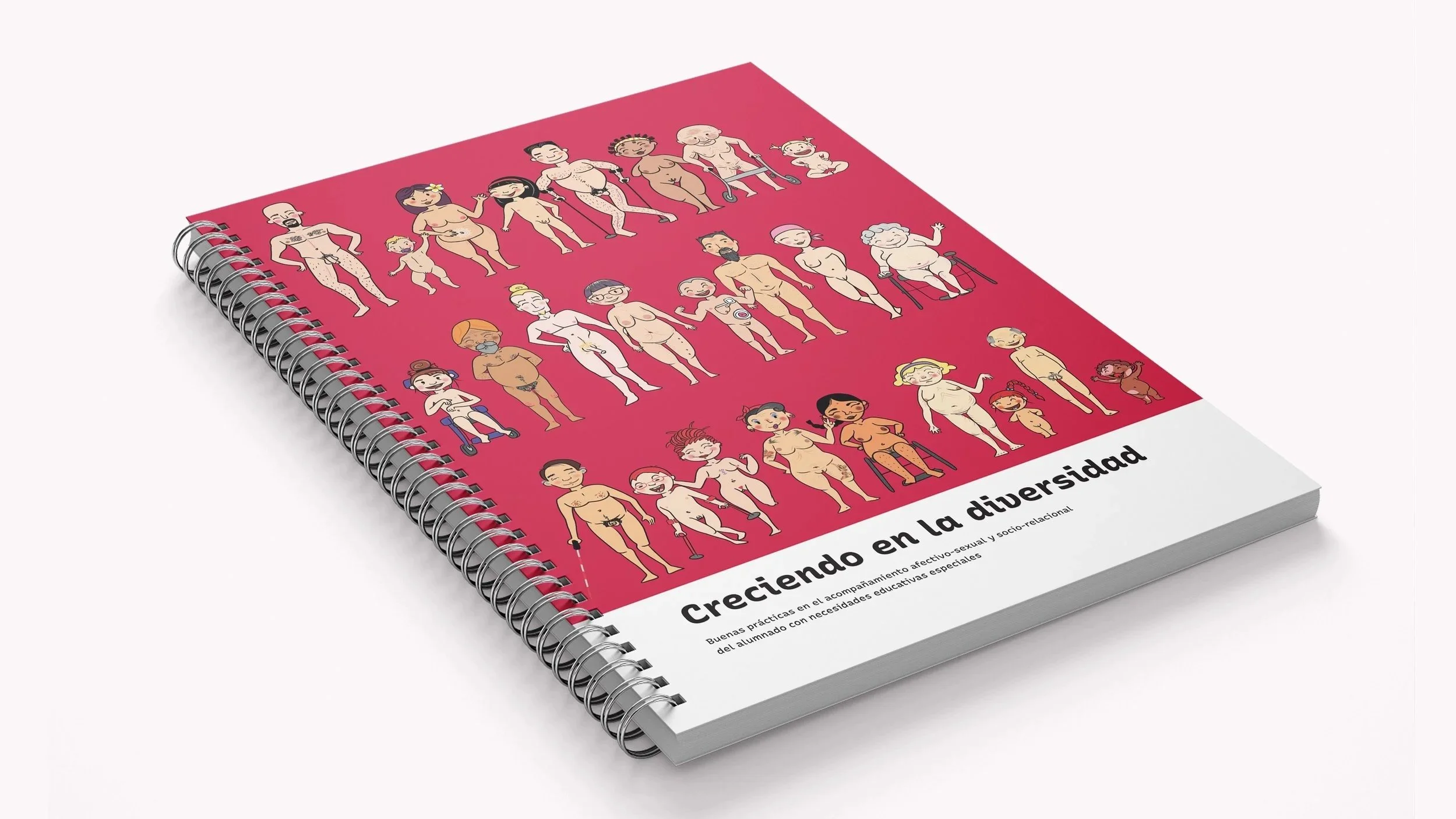 Guía del profesorado cerrada. Es un libro encuadernado con espira y muestra la portada de color rosa intenso, con una ilustración de un grupo de personas desnudas, de distintas fisionomías.