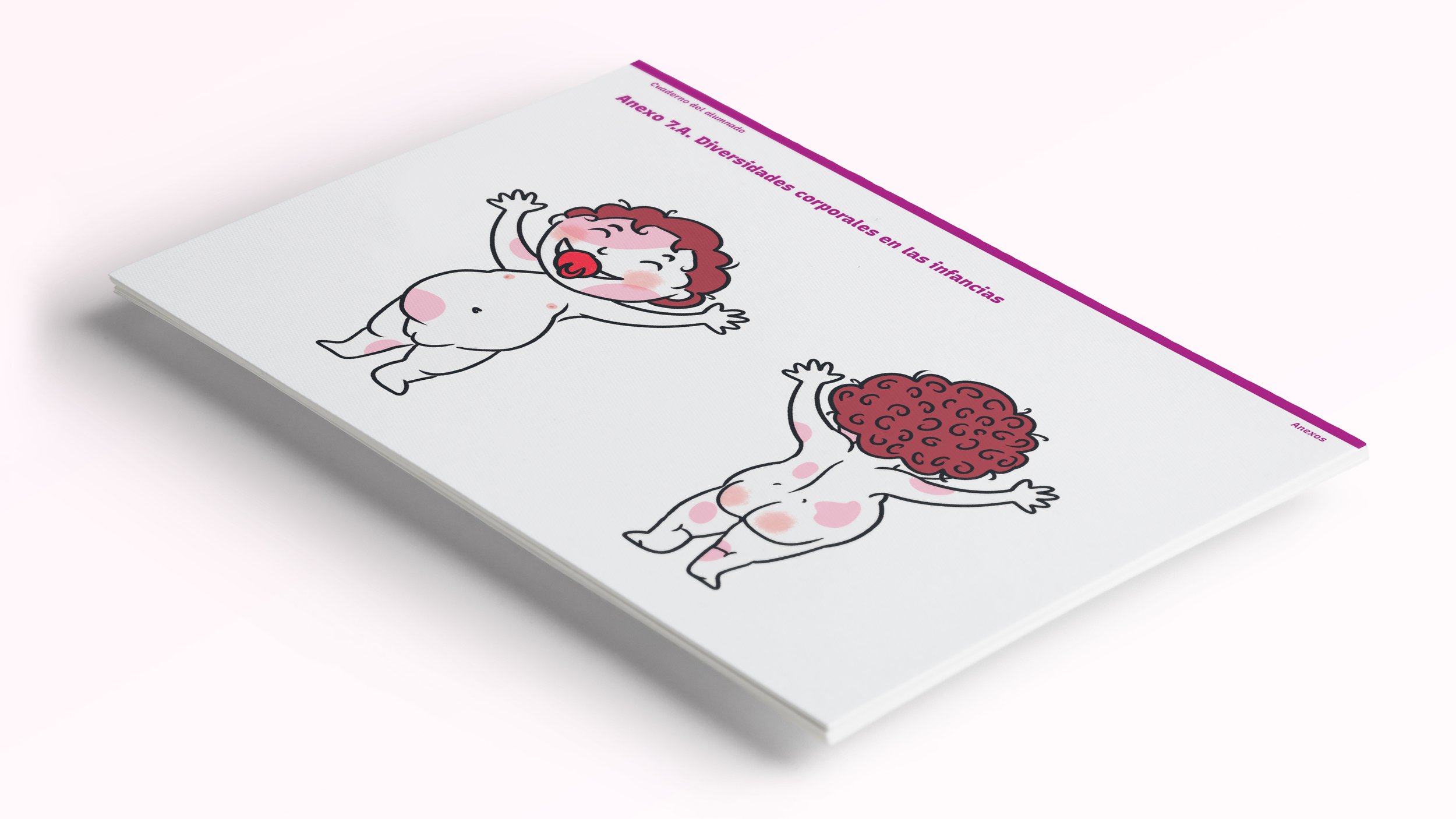 Ficha para las actividades de los alumnos. Tiene el borde superior morado y muestra dos ilustraciones de un bebé con vitíligo desnudo, de frente y de espaldas.