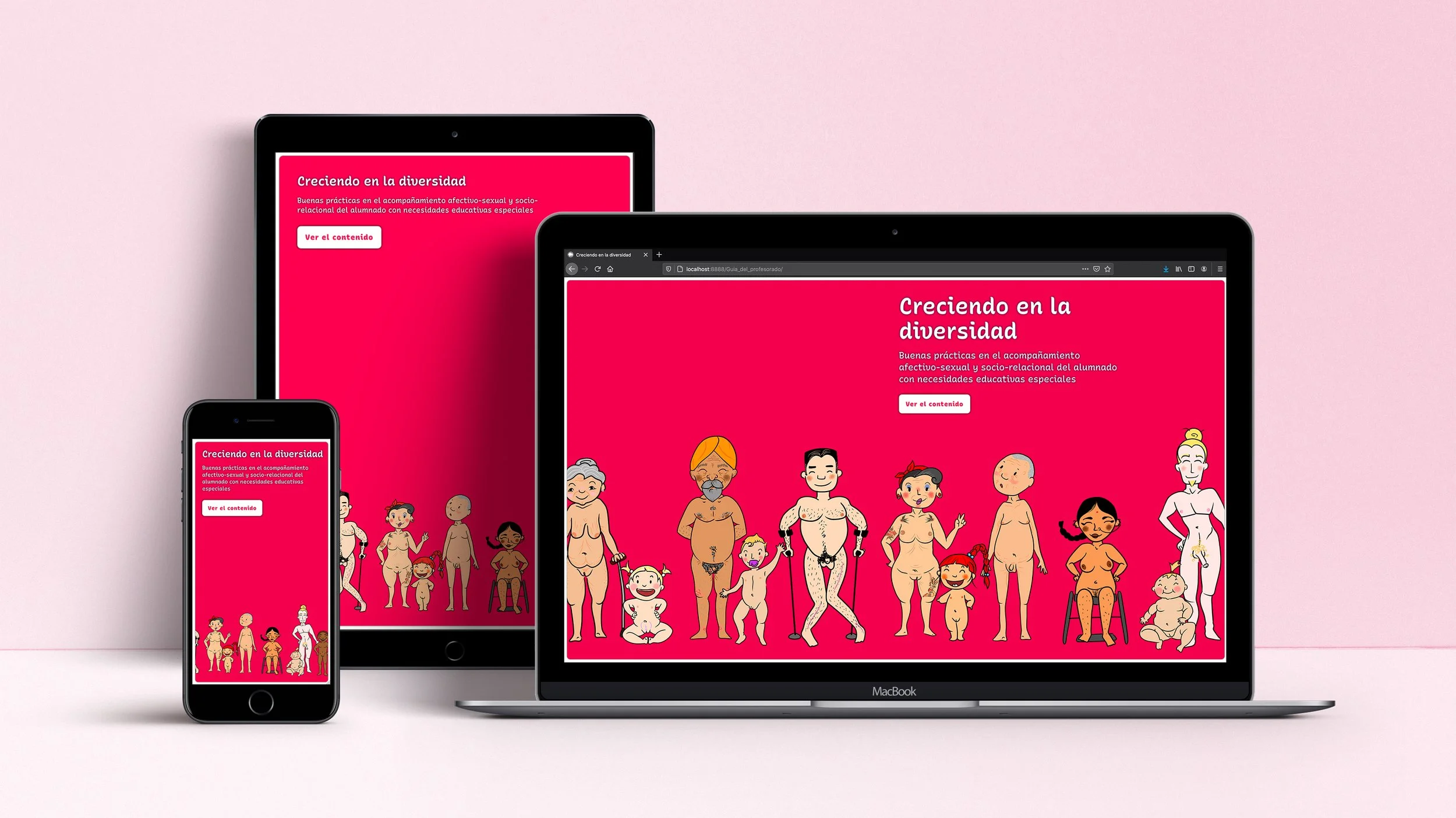 Página inicial del proyecto mostrada en tres dispositivos: un ordenador portátil, una tablet y un móvil. Esta página sería la portada de los contenidos en su formato digital.