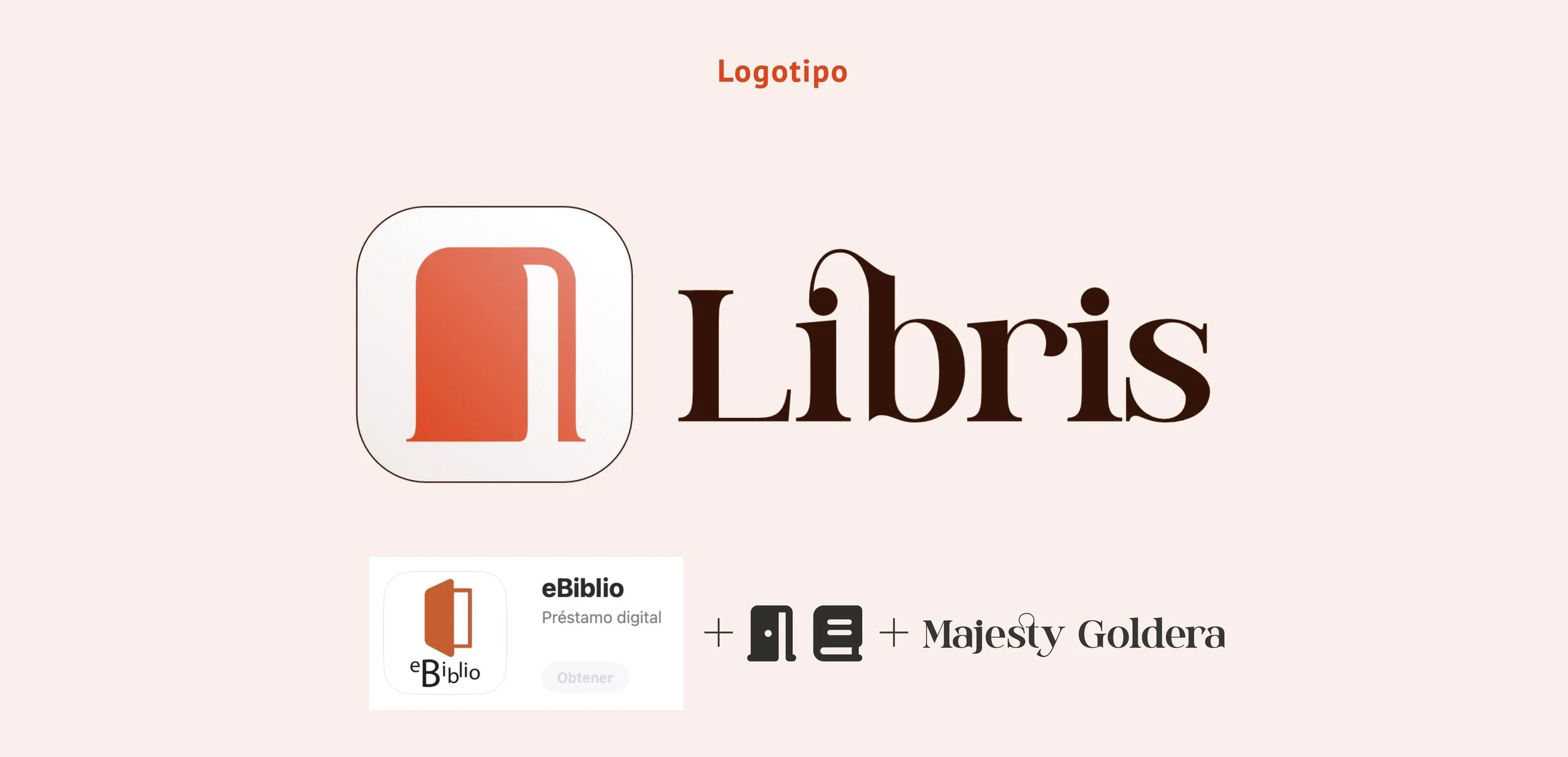 Logotipo de Libris junto al icono para la app. Se muestra en la parte inferior de la imagen cómo se han mezclado el icono actual de eBiblio con los iconos de de FontAwesome y los detalles de la Majesty Goldera.