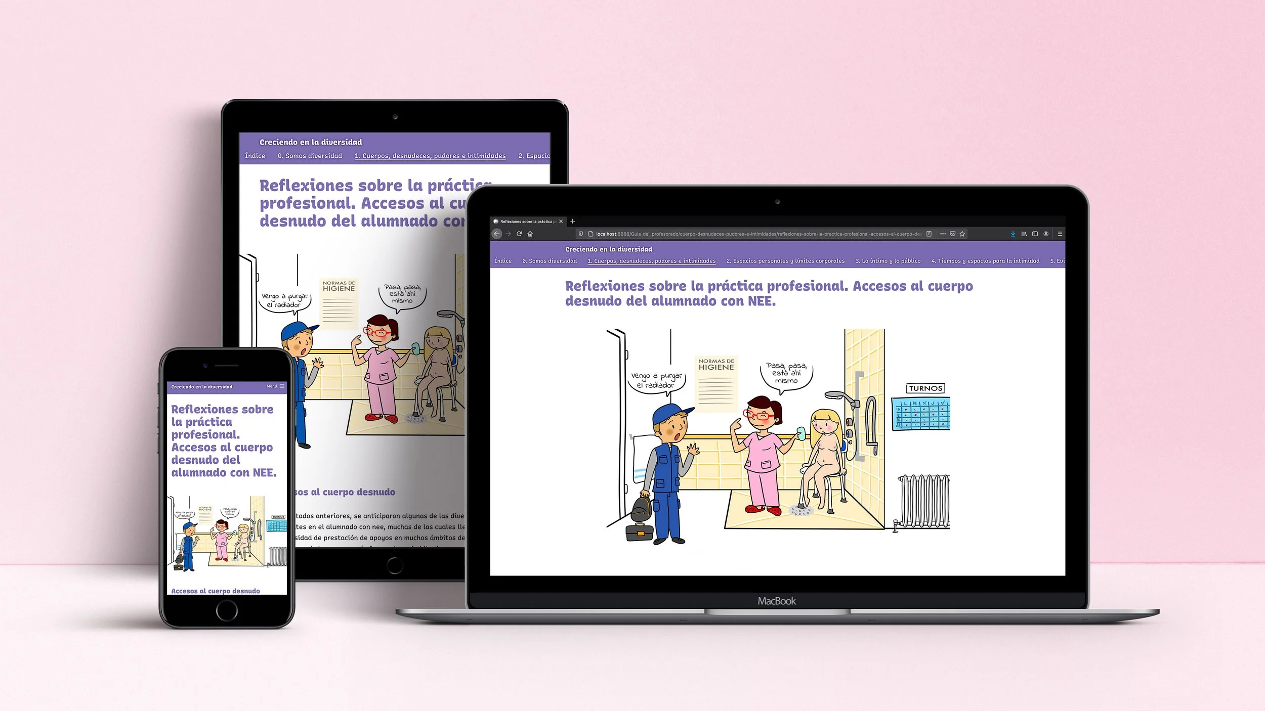 Página web del proyecto mostrada en tres dispositivos: un ordenador portátil, una tablet y un móvil.