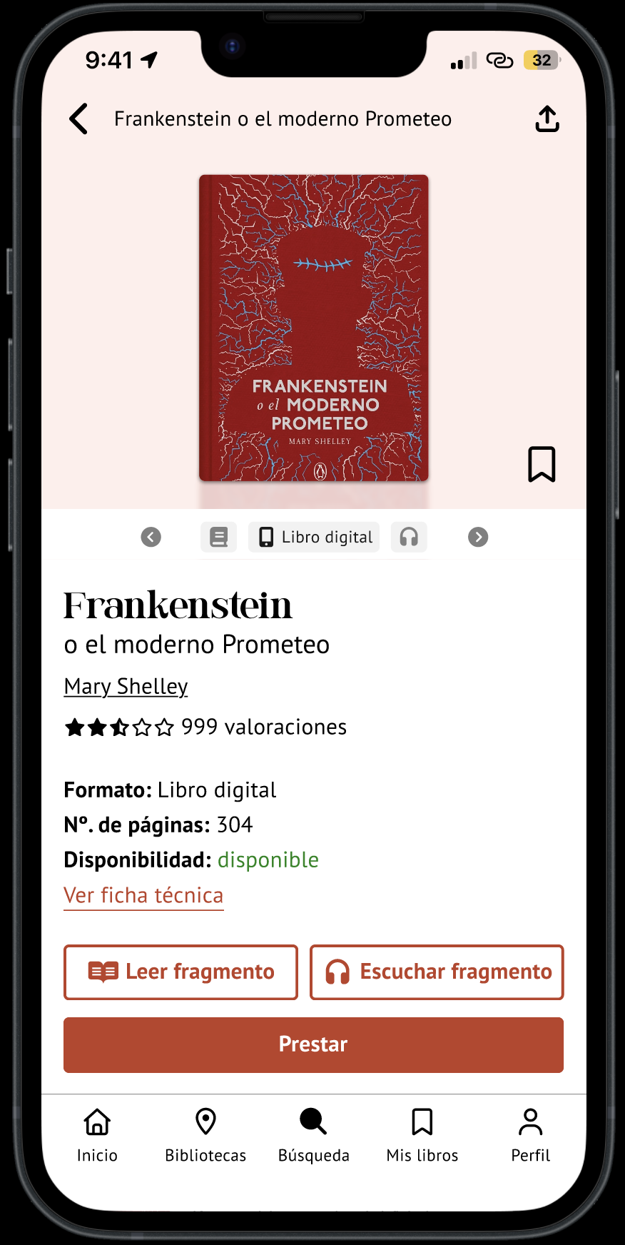 Pantalla de ficha de libro de Libris donde se ven los datos del libro y los botones para solicitar el préstamo del mismo.