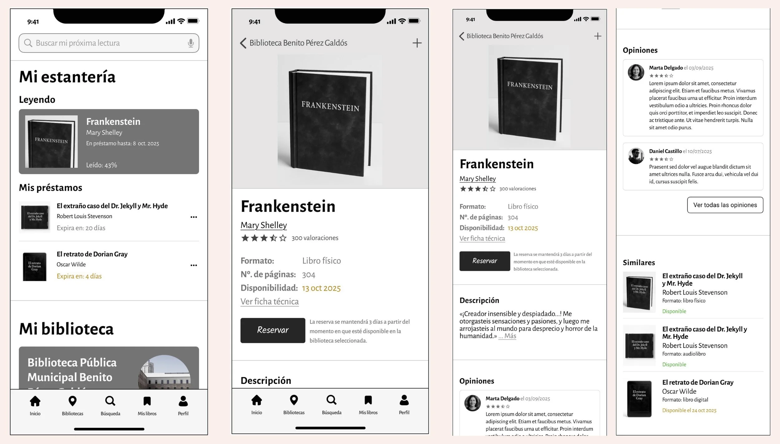 Pantallas en baja fidelidad del inicio de la app y de la ficha de información de un libro utilizadas para el test de 5 segundos y test de concepto.