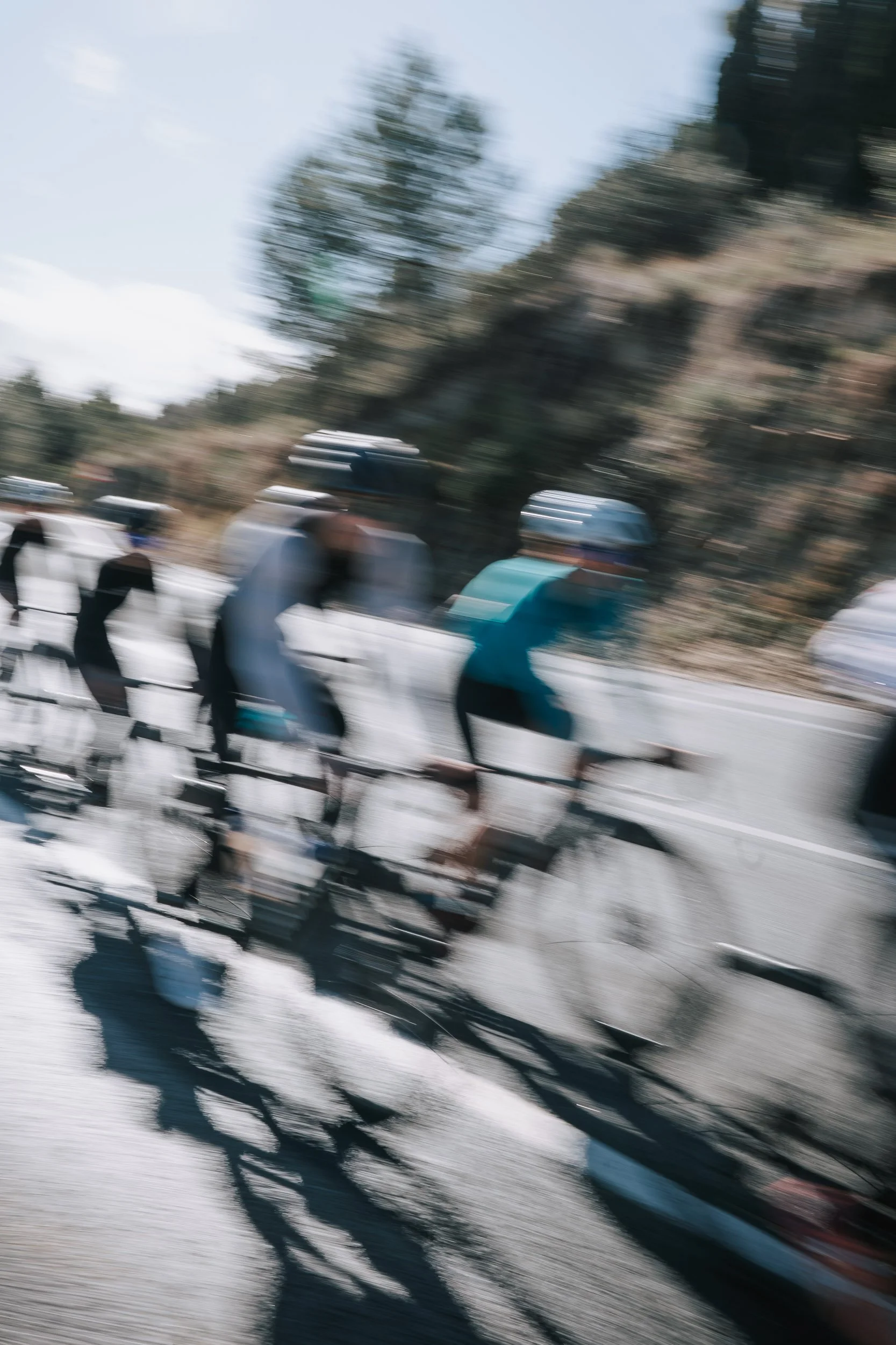 Blurred image of a group of cyclists riding on a road with trees and vehicles in the background.