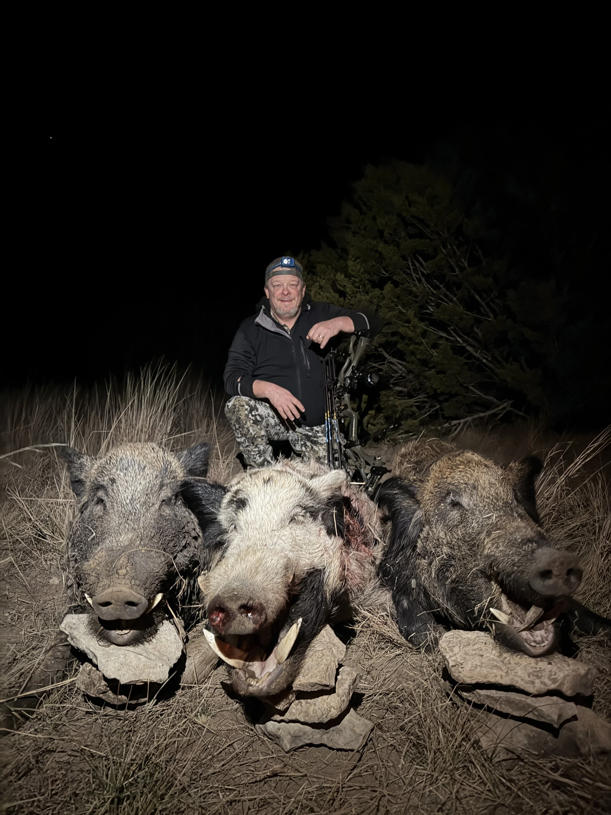 Bow hunter posing with 3 hogs in the field