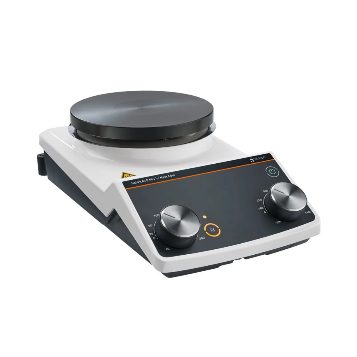 Laboratory heating device with a digital control panel and two large knobs.