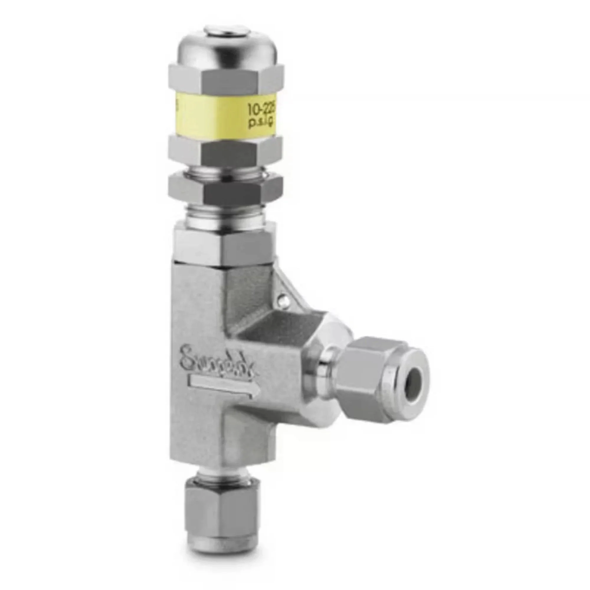 Metal valve with a yellow label, connected to a metallic pipe in a mechanical setting.