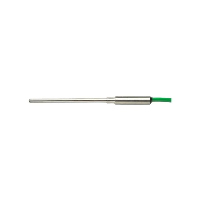 A stainless steel temperature probe with green wire attached.