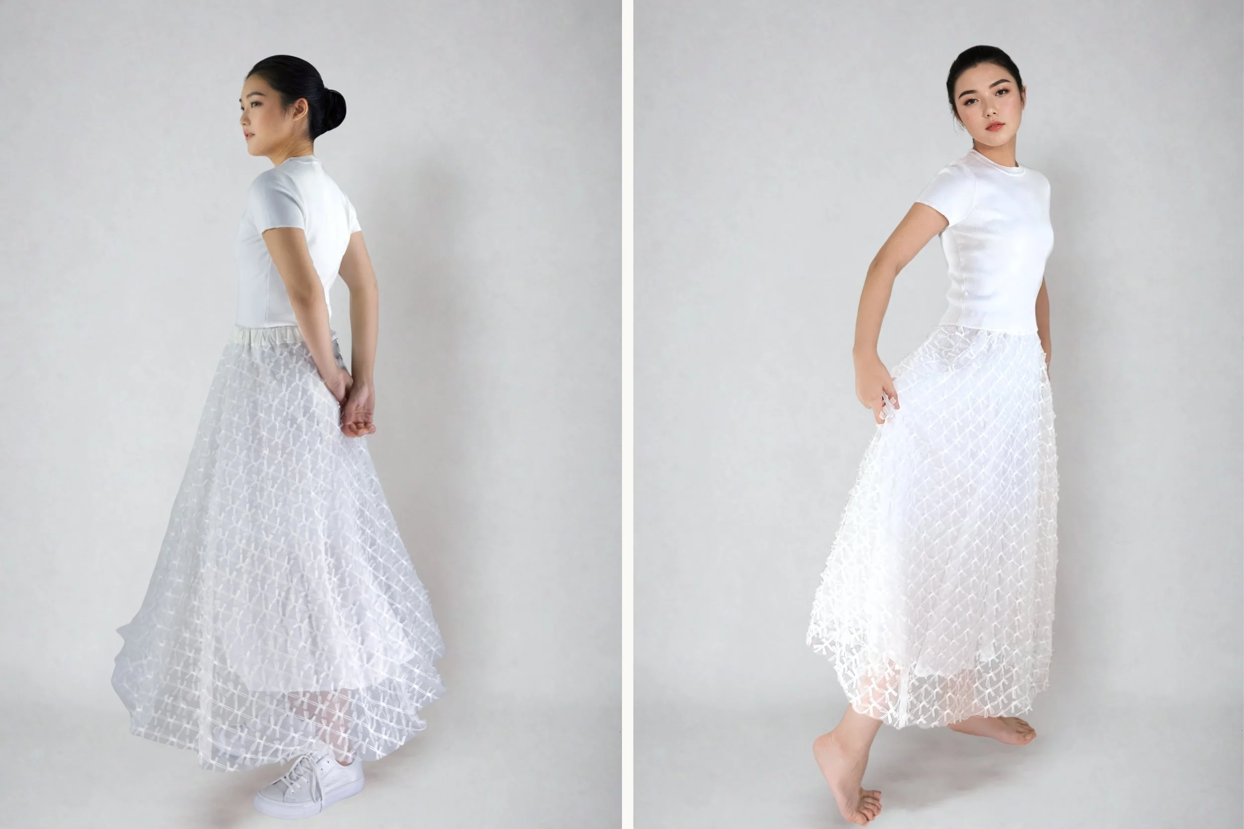 Model wearing the Catherine Yang Studio Born Tulle Be Bold Skirt White from front and back, showing its full silhouette, textured tulle and movement.