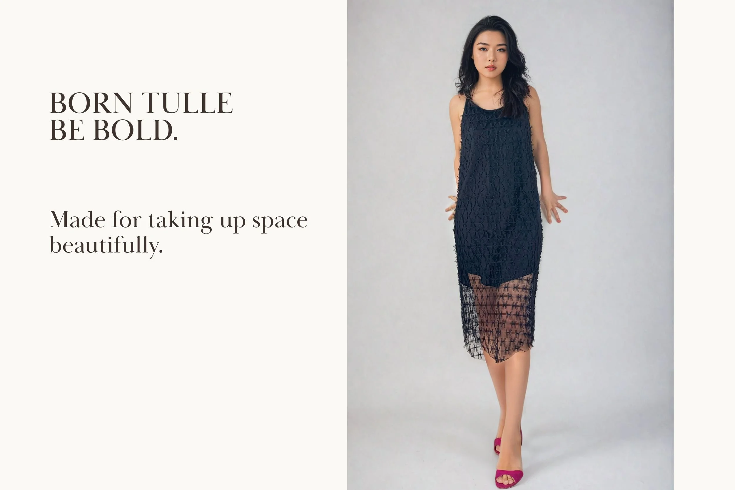 Model wearing the Catherine Yang Studio Born Tulle Be Bold Dress in black, featuring its sleeveless silhouette and sheer patterned tulle hem.