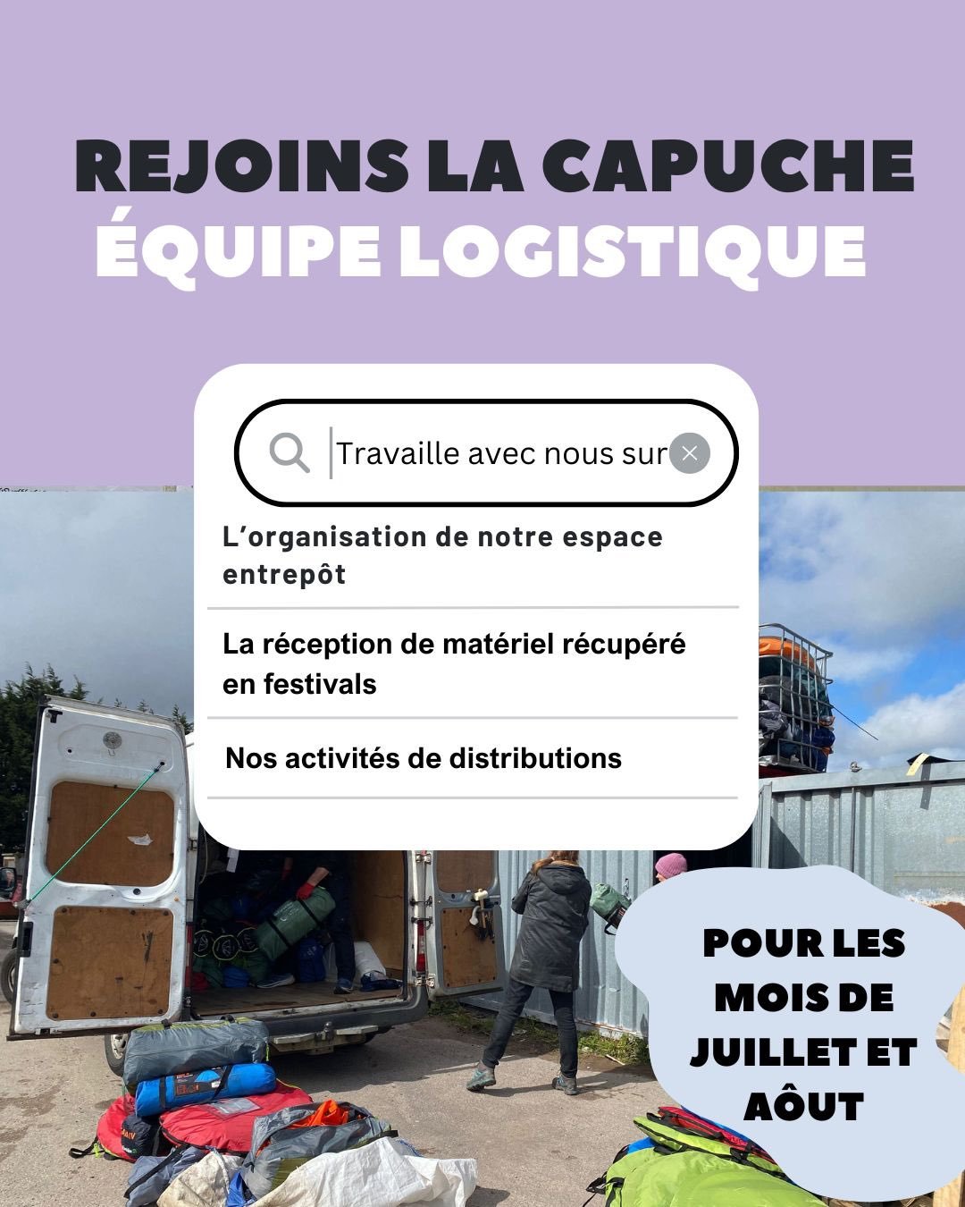 On a besoin aide cet &eacute;t&eacute; &agrave; Calais pour organiser les retours de festivals dans notre entrep&ocirc;t ! ⛺️☀️
Logement partag&eacute; fourni et les repas du midi en semaine🏠🍝
Permis B tr&egrave;s appr&eacute;ci&eacute; 🚗
Int&eacu