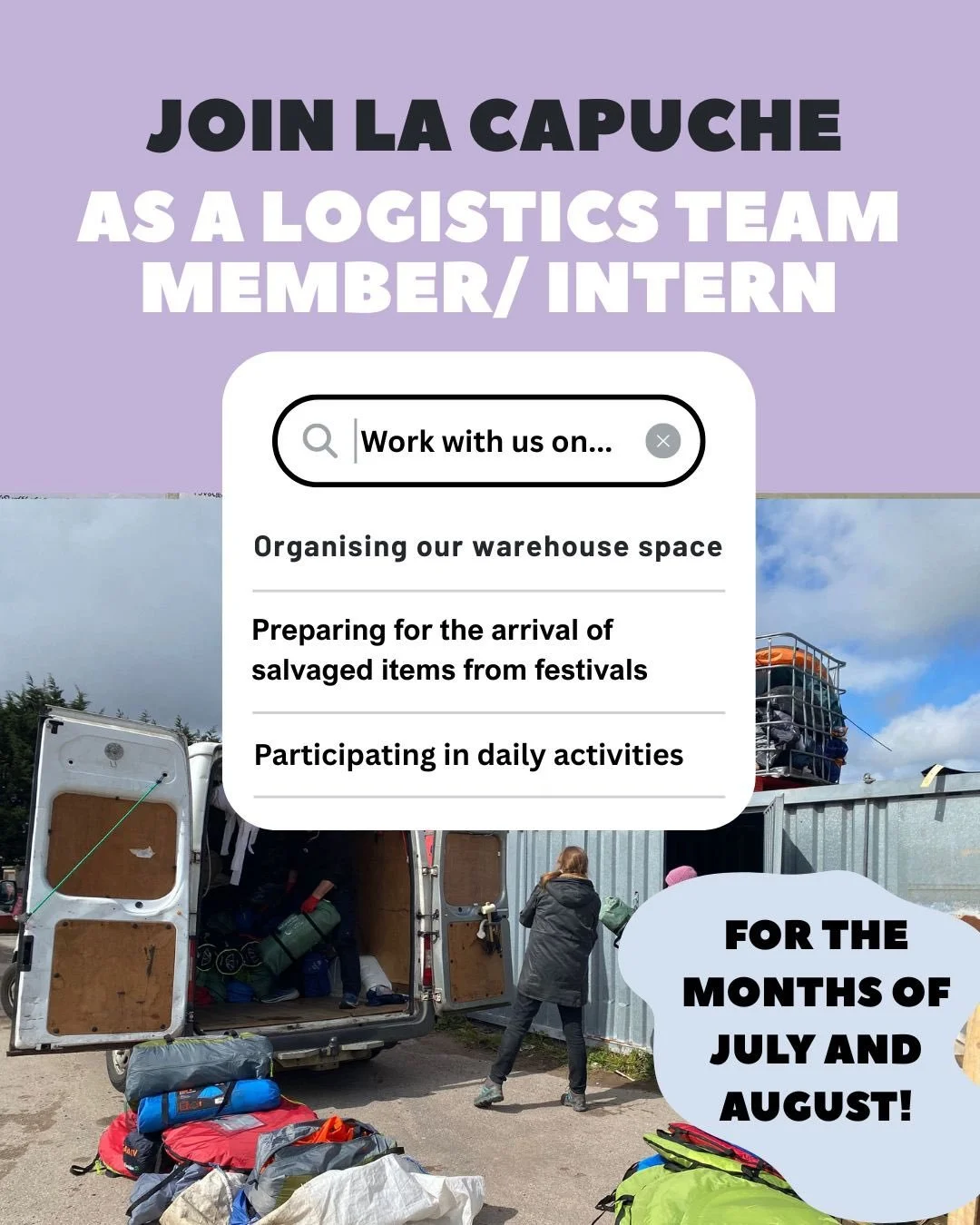 We need help at our warehouse this summer for the return of our team from festivals! ⛺️☀️. Accomodation and lunches on work days provided. 🏠🍝
Manual driving license very appreciated! 🚗
Are you interested on joining us in Calais? 
Send us a DM or a