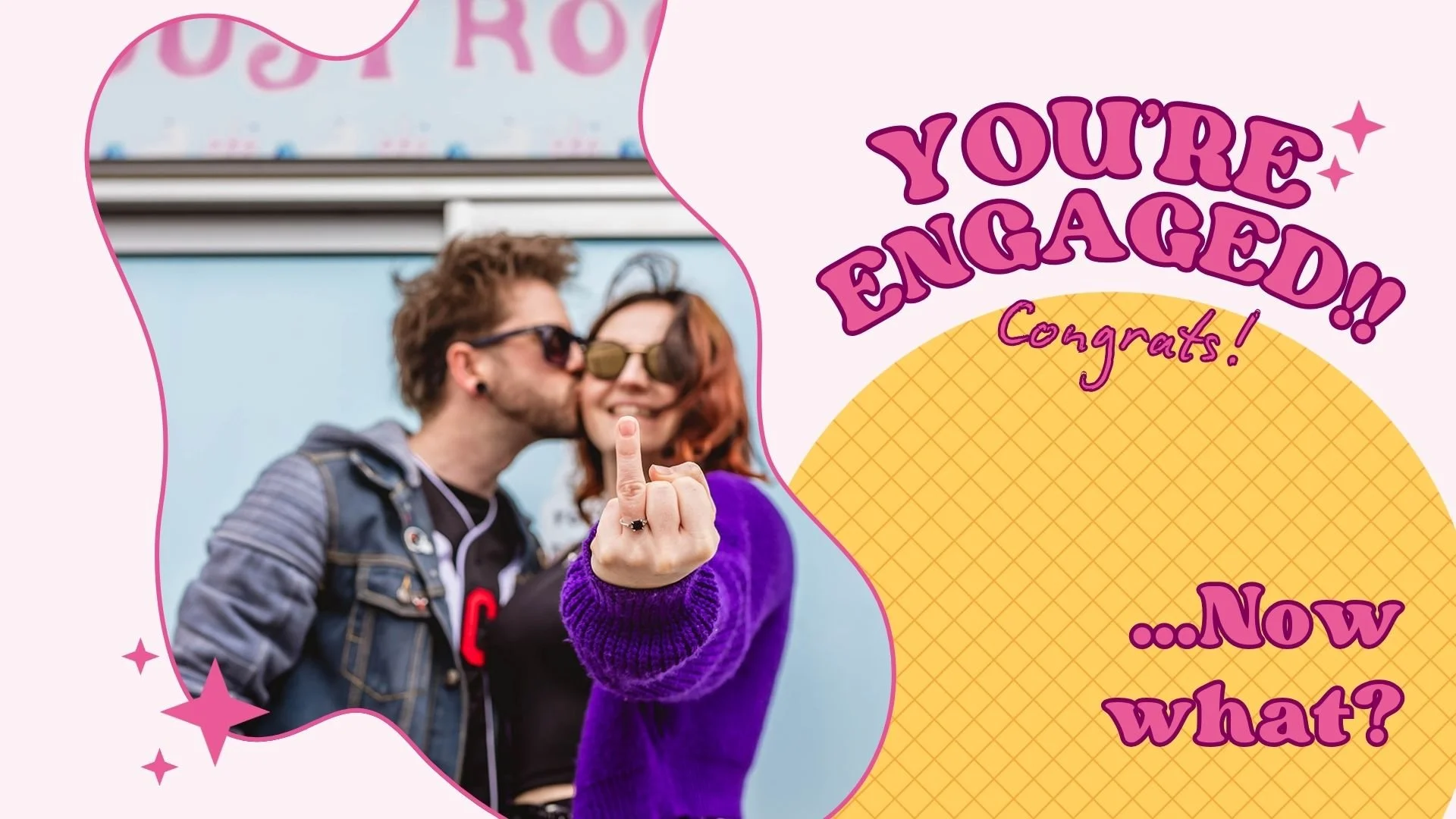 collage picture featuring a young couple holding up an engagement ring