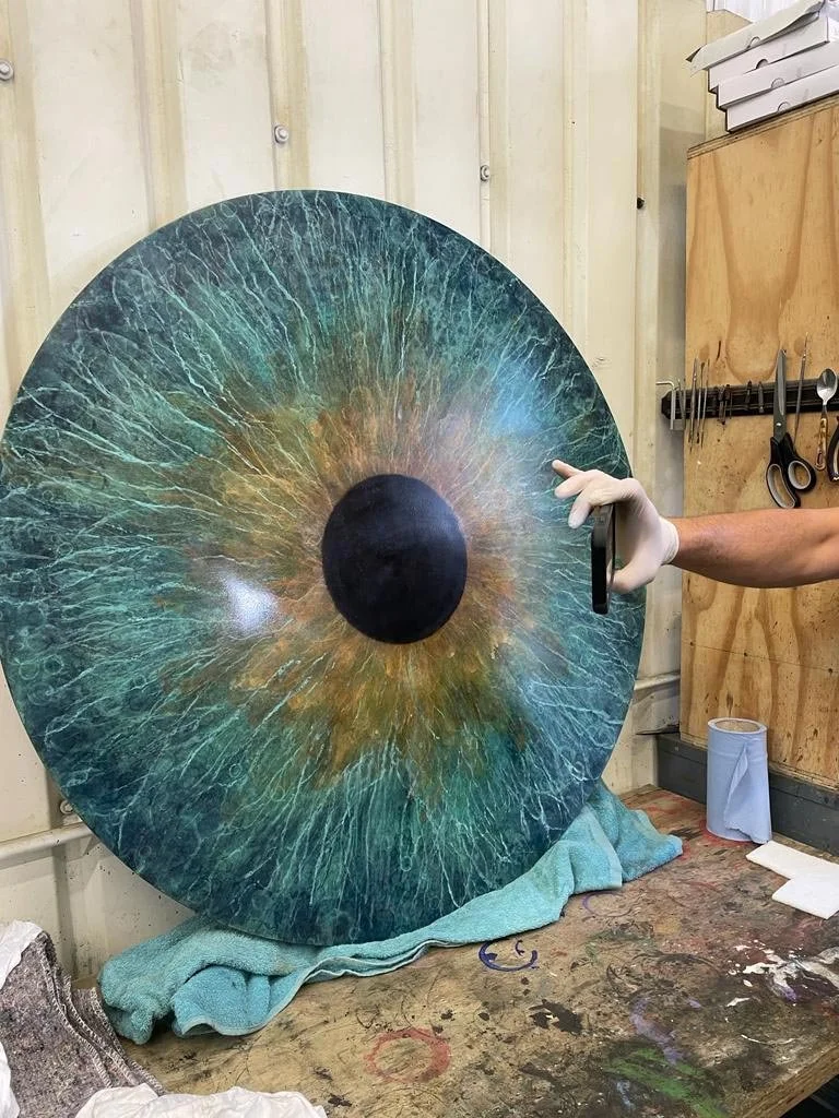 Process photo of a Michael Speller sculpture of a patinated eye iris